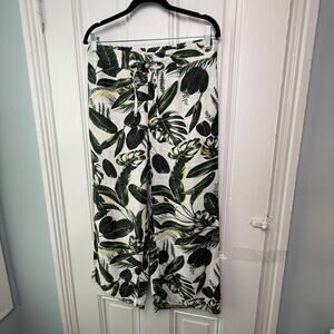 Tropical Linen Blend Pants Womens Medium Green White Island Wide Leg Tie Waist